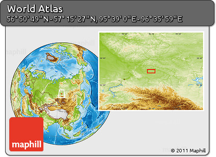 Physical Location Map of the Area around 57° 3' 8" N, 96° 7' 30" E