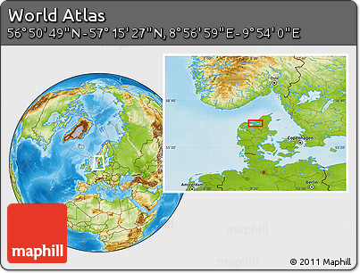 Physical Location Map of the Area around 57° 3' 8" N, 9° 25' 30" E