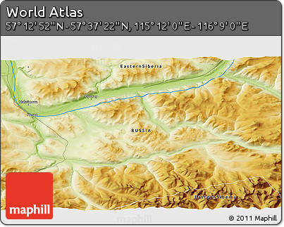 Physical 3D Map of the Area around 57° 25' 7" N, 115° 40' 30" E