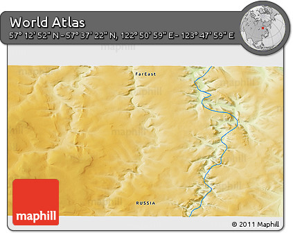 Physical 3D Map of the Area around 57° 25' 7" N, 123° 19' 29" E