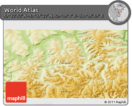 Physical 3D Map of the Area around 57° 25' 7" N, 130° 7' 30" E