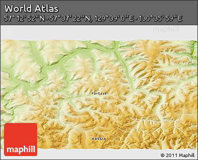 Physical 3D Map of the Area around 57° 25' 7" N, 130° 7' 30" E