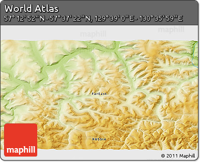 Physical 3D Map of the Area around 57° 25' 7" N, 130° 7' 30" E