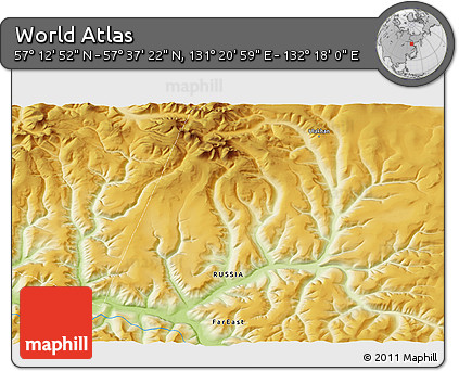 Physical 3D Map of the Area around 57° 25' 7" N, 131° 49' 29" E