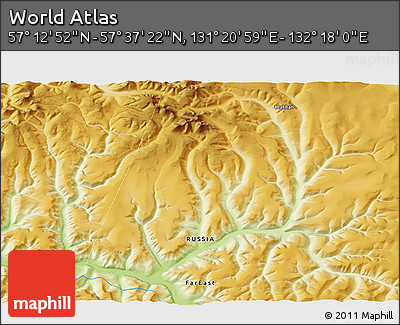 Physical 3D Map of the Area around 57° 25' 7" N, 131° 49' 29" E