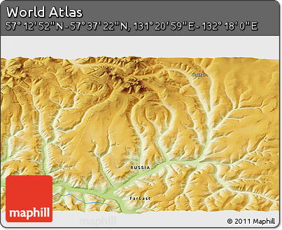 Physical 3D Map of the Area around 57° 25' 7" N, 131° 49' 29" E