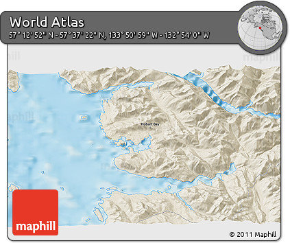 Shaded Relief 3D Map of the Area around 57° 25' 7" N, 133° 22' 30" W