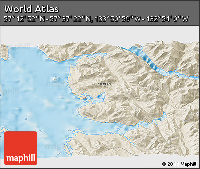 Shaded Relief 3D Map of the Area around 57° 25' 7" N, 133° 22' 30" W