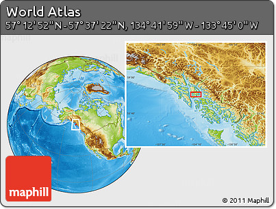Physical Location Map of the Area around 57° 25' 7" N, 134° 13' 29" W