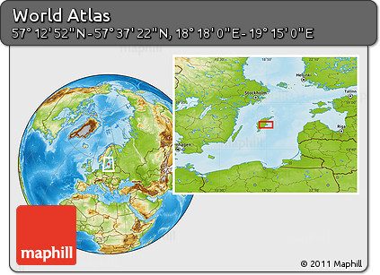 Physical Location Map of the Area around 57° 25' 7" N, 18° 46' 29" E