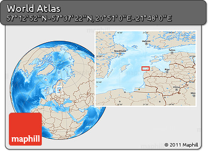 Shaded Relief Location Map of the Area around 57° 25' 7" N, 21° 19' 30" E