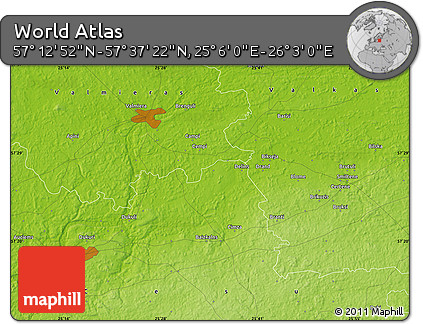 Physical Map of the Area around 57° 25' 7" N, 25° 34' 30" E