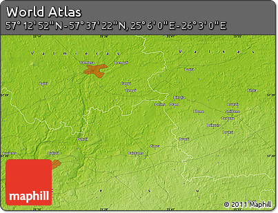 Physical Map of the Area around 57° 25' 7" N, 25° 34' 30" E