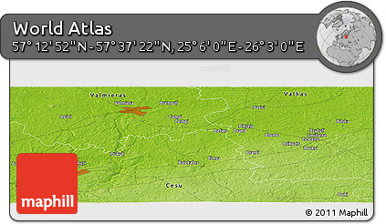Physical Panoramic Map of the Area around 57° 25' 7" N, 25° 34' 30" E