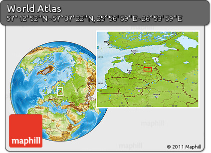 Physical Location Map of the Area around 57° 25' 7" N, 26° 25' 29" E