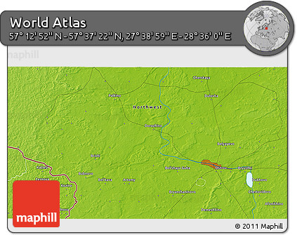 Physical 3D Map of the Area around 57° 25' 7" N, 28° 7' 30" E