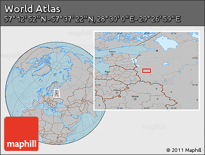 Gray Location Map of the Area around 57° 25' 7" N, 28° 58' 30" E, hill shading