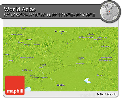Physical 3D Map of the Area around 57° 25' 7" N, 30° 40' 29" E