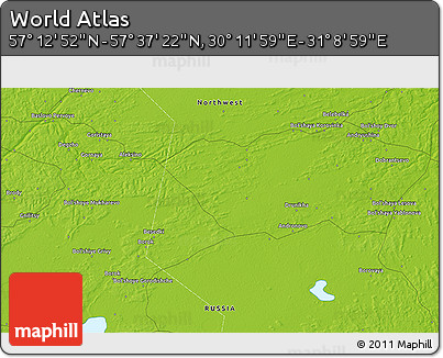 Physical 3D Map of the Area around 57° 25' 7" N, 30° 40' 29" E