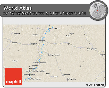 Shaded Relief 3D Map of the Area around 57° 25' 7" N, 31° 31' 29" E
