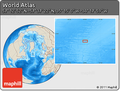 Shaded Relief Location Map of the Area around 57° 25' 7" N, 34° 46' 29" W