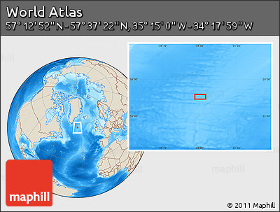 Shaded Relief Location Map of the Area around 57° 25' 7" N, 34° 46' 29" W