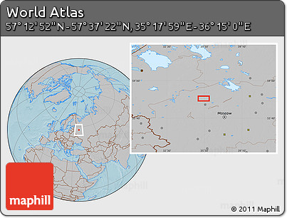 Gray Location Map of the Area around 57° 25' 7" N, 35° 46' 29" E, hill shading