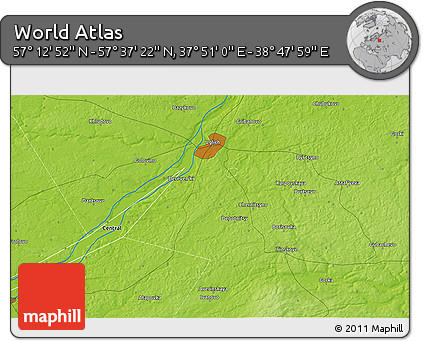 Physical 3D Map of the Area around 57° 25' 7" N, 38° 19' 30" E