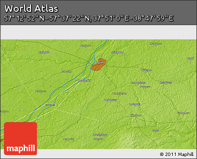 Physical 3D Map of the Area around 57° 25' 7" N, 38° 19' 30" E