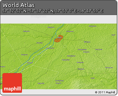 Physical 3D Map of the Area around 57° 25' 7" N, 38° 19' 30" E