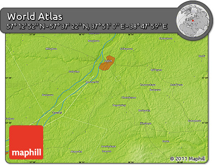 Physical Map of the Area around 57° 25' 7" N, 38° 19' 30" E