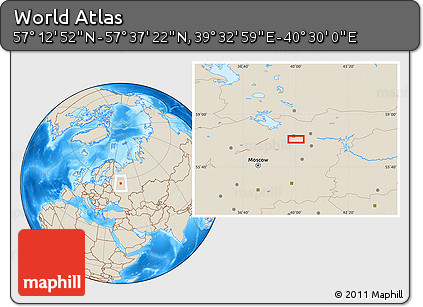 Shaded Relief Location Map of the Area around 57° 25' 7" N, 40° 1' 29" E