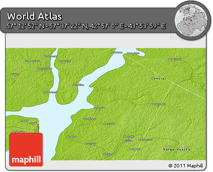 Physical 3D Map of the Area around 57° 25' 7" N, 43° 25' 29" E