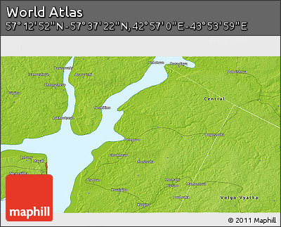 Physical 3D Map of the Area around 57° 25' 7" N, 43° 25' 29" E