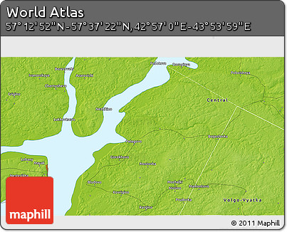 Physical 3D Map of the Area around 57° 25' 7" N, 43° 25' 29" E