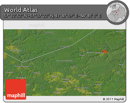 Satellite 3D Map of the Area around 57° 25' 7" N, 44° 16' 29" E