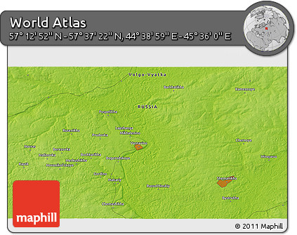 Physical 3D Map of the Area around 57° 25' 7" N, 45° 7' 30" E