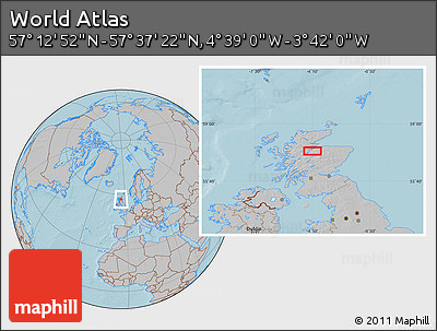 Gray Location Map of the Area around 57° 25' 7" N, 4° 10' 30" W, hill shading