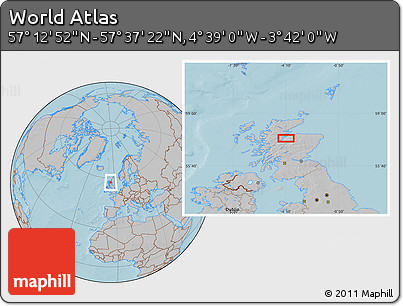 Gray Location Map of the Area around 57° 25' 7" N, 4° 10' 30" W, hill shading