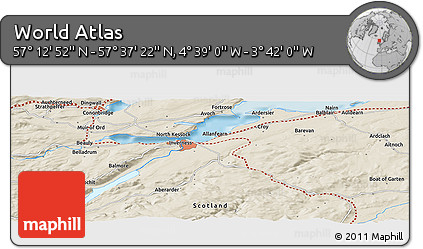 Shaded Relief Panoramic Map of the Area around 57° 25' 7" N, 4° 10' 30" W