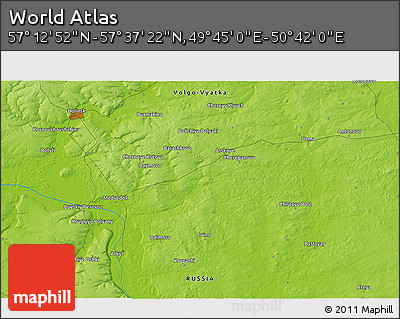 Physical 3D Map of the Area around 57° 25' 7" N, 50° 13' 30" E
