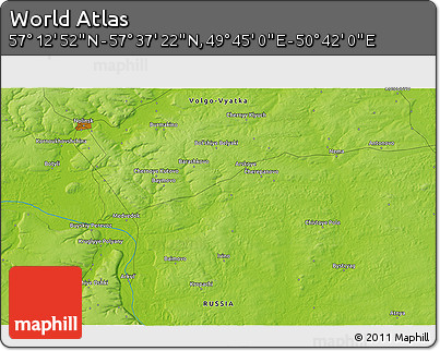 Physical 3D Map of the Area around 57° 25' 7" N, 50° 13' 30" E