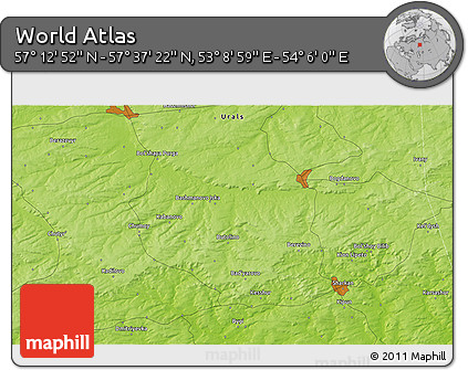 Physical 3D Map of the Area around 57° 25' 7" N, 53° 37' 30" E