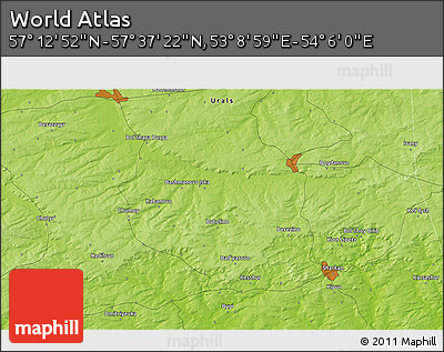 Physical 3D Map of the Area around 57° 25' 7" N, 53° 37' 30" E