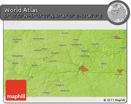 Physical 3D Map of the Area around 57° 25' 7" N, 61° 16' 29" E