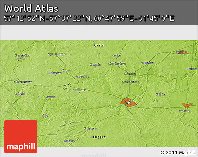 Physical 3D Map of the Area around 57° 25' 7" N, 61° 16' 29" E