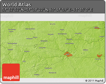 Physical 3D Map of the Area around 57° 25' 7" N, 61° 16' 29" E