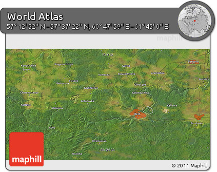 Satellite 3D Map of the Area around 57° 25' 7" N, 61° 16' 29" E