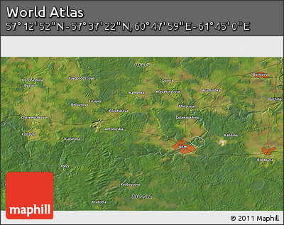 Satellite 3D Map of the Area around 57° 25' 7" N, 61° 16' 29" E