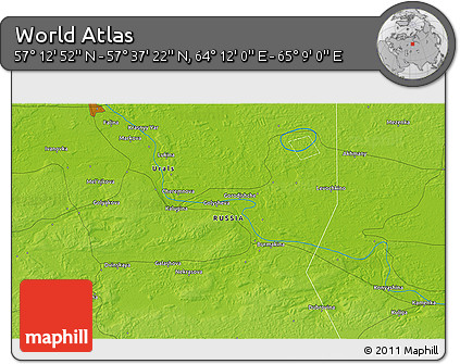 Physical 3D Map of the Area around 57° 25' 7" N, 64° 40' 30" E